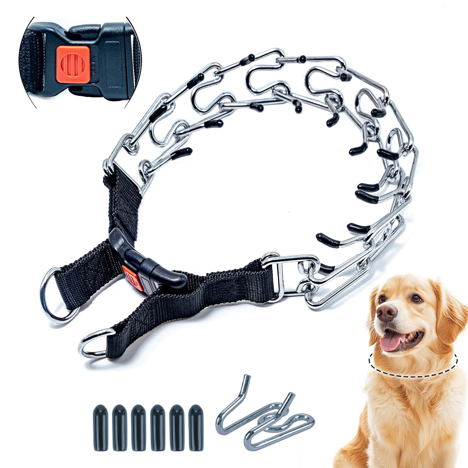 ADIL'S Prong Dog Collar with Protective Black End Plastic Caps - Adjustable Choke Collar with Quick-Release Buckle